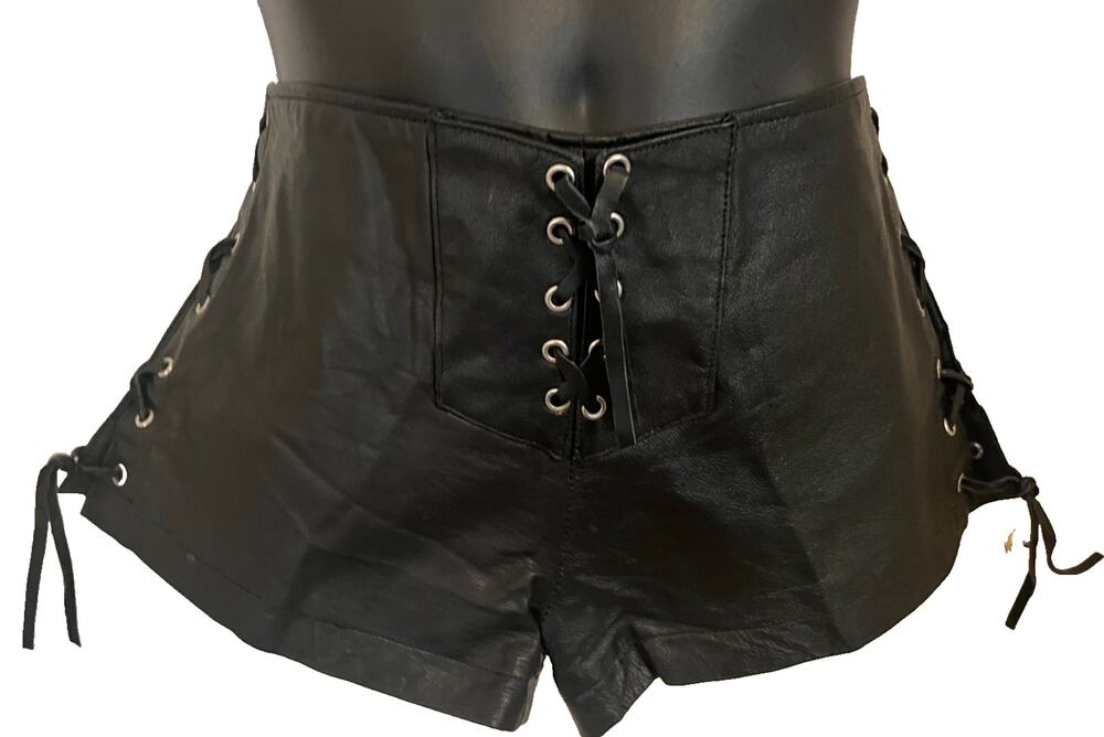 VTG 80s-90s Lace up Leather Shorts Hot Pants Black Boho Biker Grunge Glam Rock L